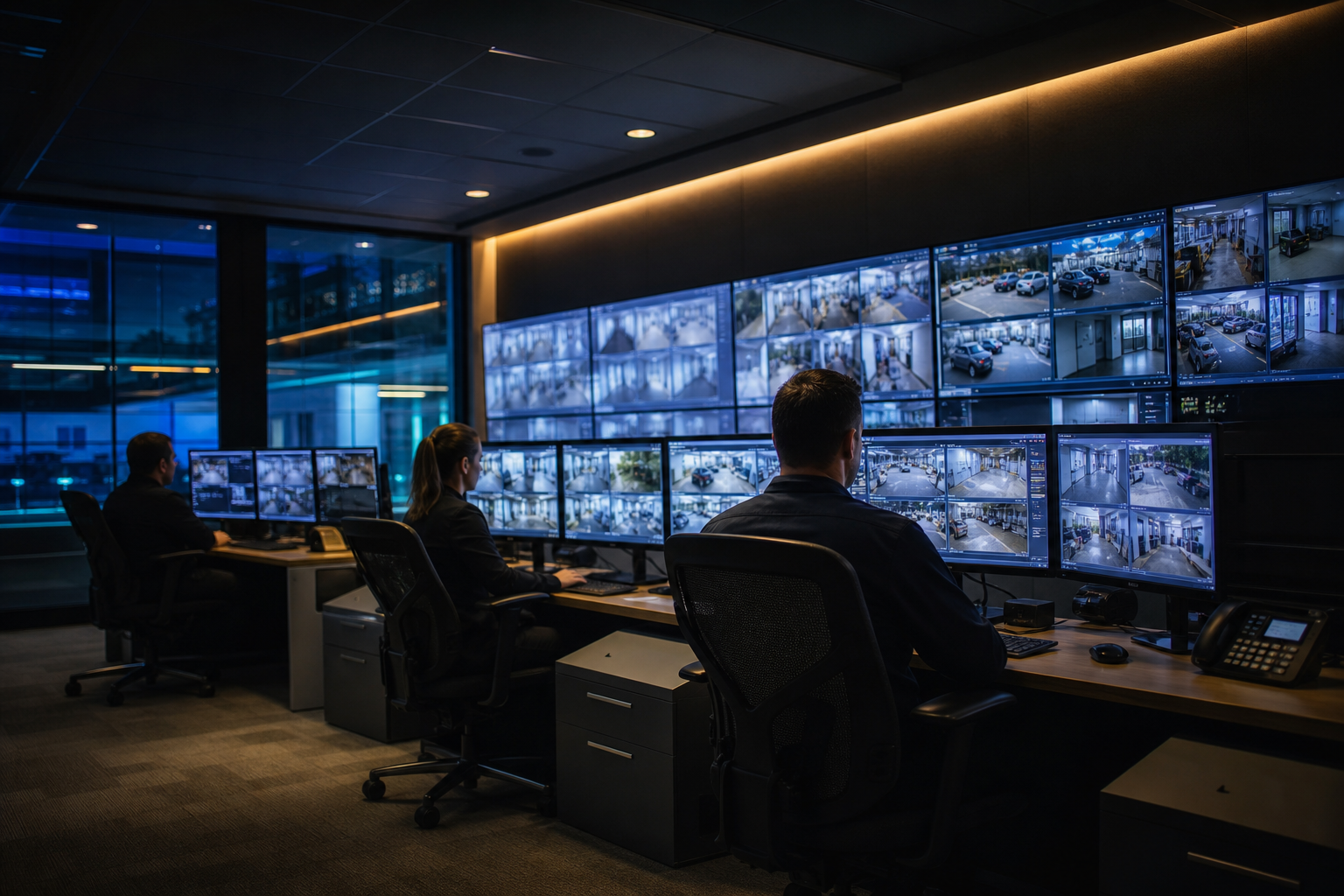 Security monitoring control room with camera displays