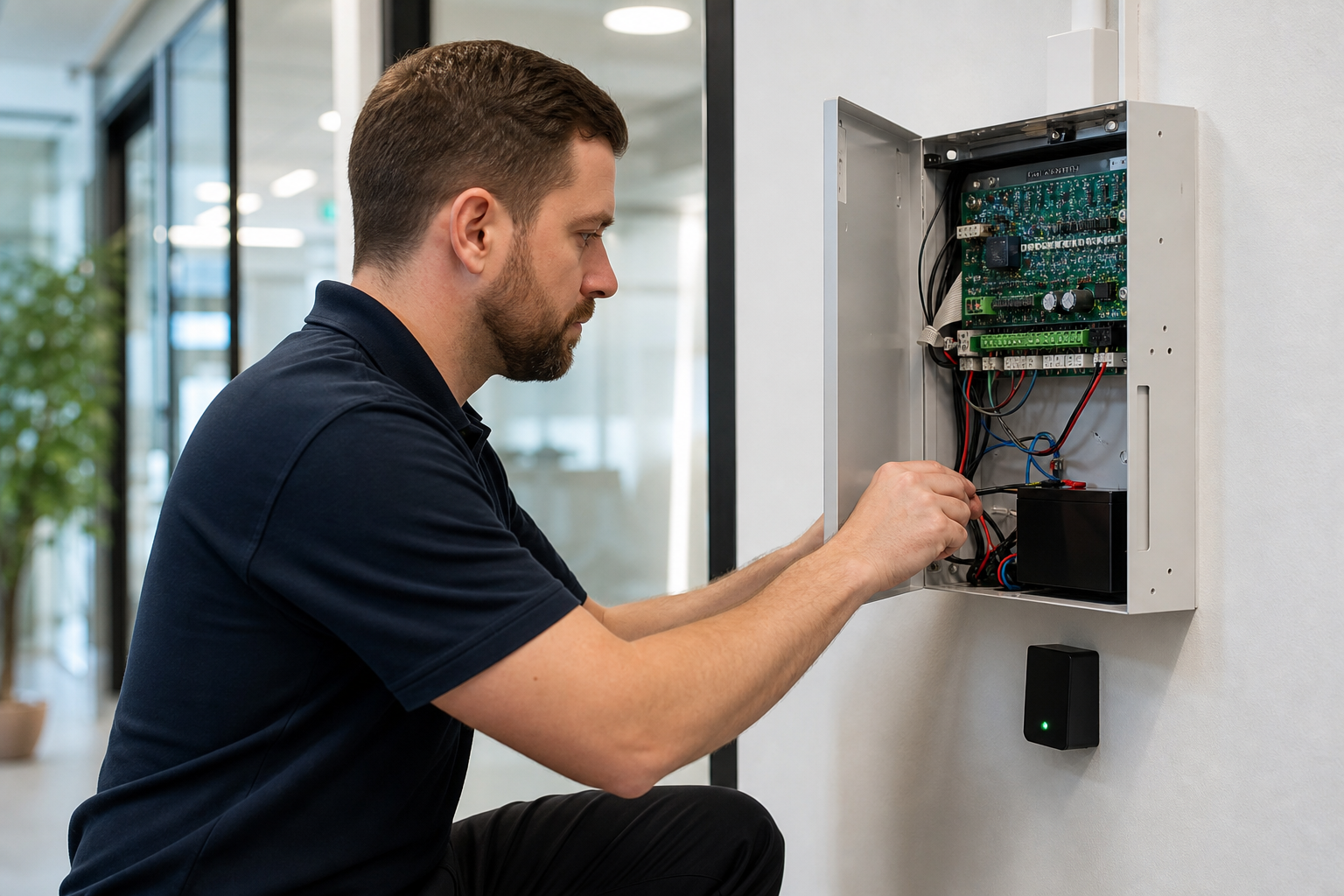 Technician installing commercial security system